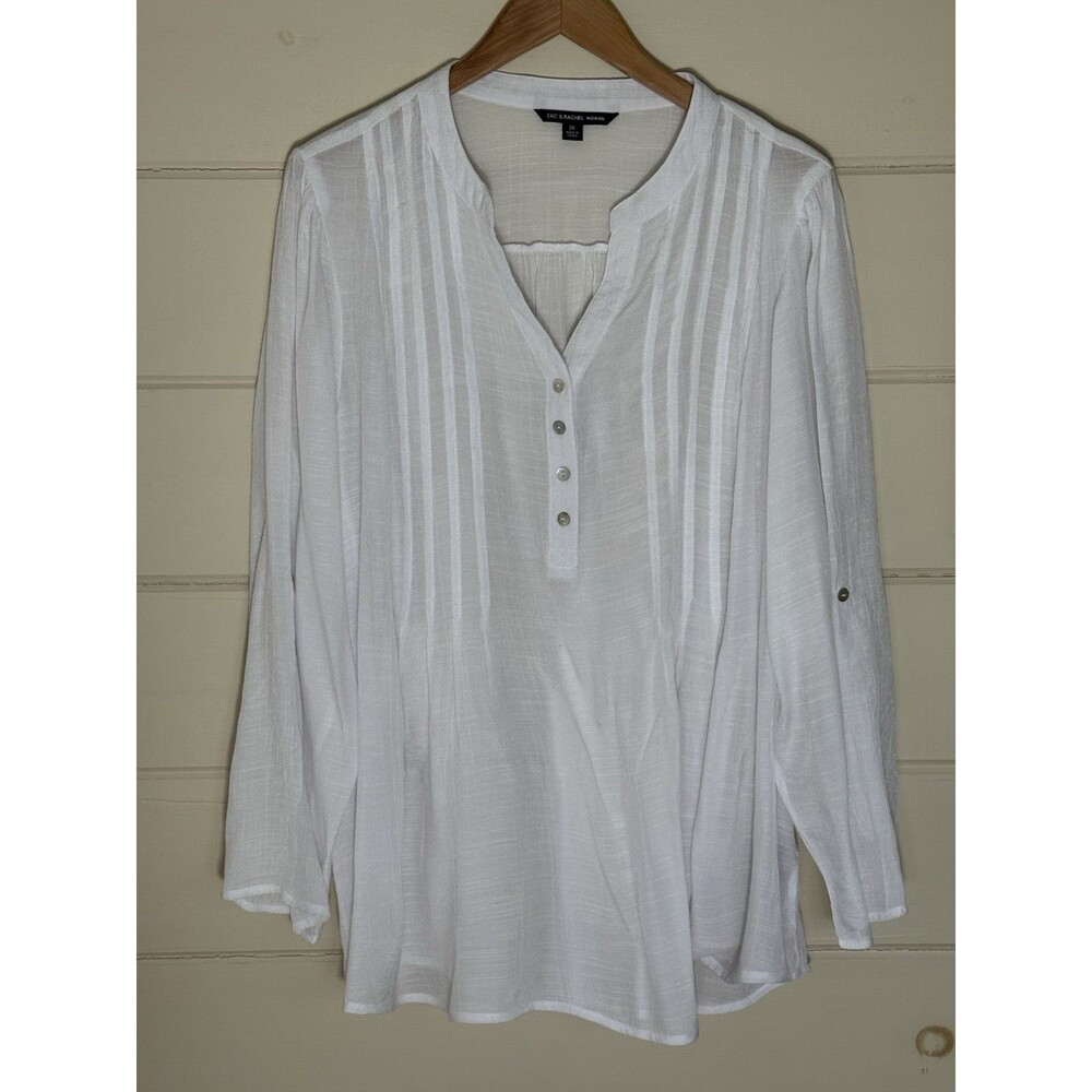 Zac & Rachel 2X White Crinkle Boho Blouse Pintuck Sheer Coastal Grandmother